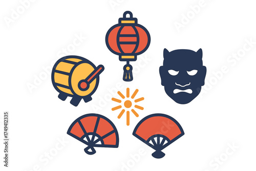 Traditional Asian festival elements including lantern drum mask and folding fans