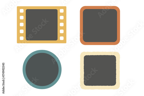 Set of four retro photo frames including film strip, instant camera, circle, and rounded square shapes