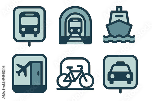 Public and private transport symbols including bus, subway, ferry, airport, bike, and taxi