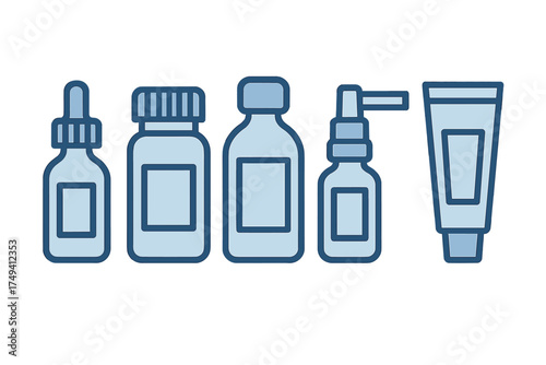 Set of medical and cosmetic packaging icons including dropper bottle, pill jar, spray dispenser, and cream tube