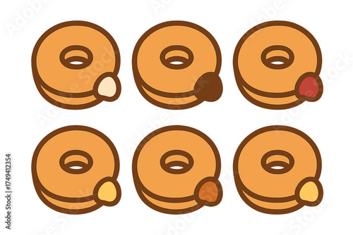 Six cartoon donuts with bites taken out showing various sweet fillings and glazes