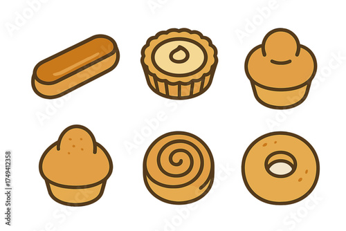 Assortment of sweet baked goods including donut tart eclair and cinnamon roll
