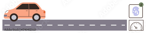 Orange car traveling on a road, accompanied by fingerprint authentication and speedometer icons. Ideal for autonomous driving, biometric security, transportation, modern vehicles, technology, road
