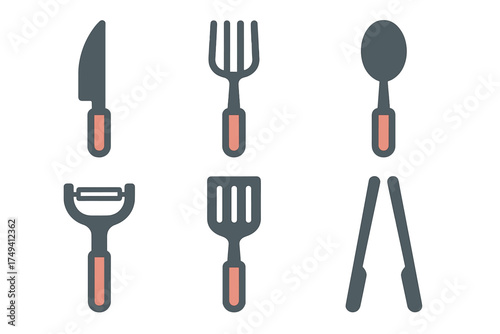 Set of six essential kitchen tools knife fork spoon spatula peeler tongs