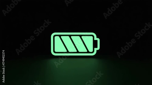 Green battery icon glowing in dark background  