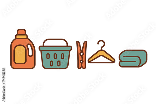 Collection of laundry essentials including detergent, basket, clothespin, hanger, and towel