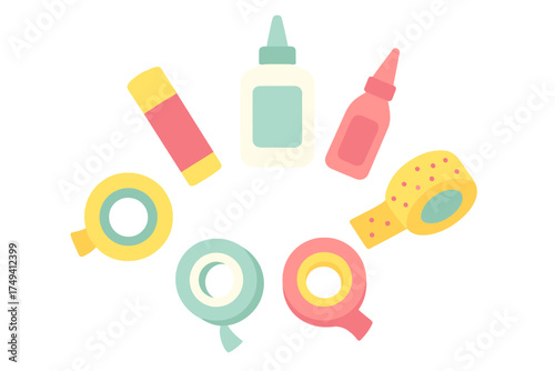 Colorful adhesive supplies including glue sticks, liquid glue bottles, and rolls of tape arranged in a circle