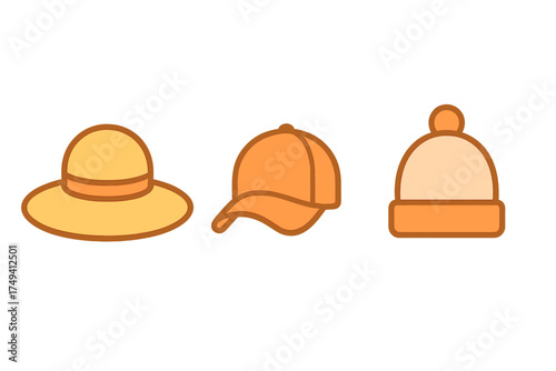 Set of three different headwear items: sun hat, baseball cap, and winter beanie