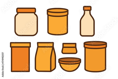 Collection of product packaging containers: jars, bottles, bags, and bowls in orange and beige