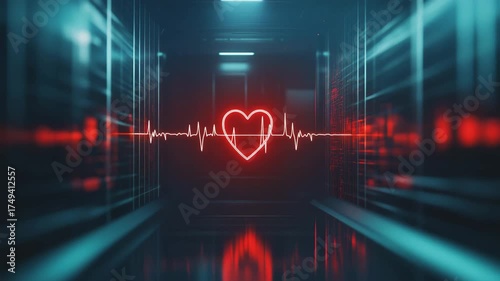 Neon heart pulse with heartbeat line in a dark corridor  