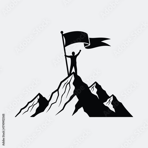Silhouette mountain top success with flag vector illustration