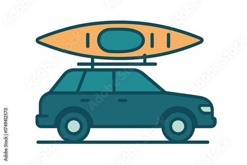 Dark colored SUV transporting a bright orange kayak secured on the roof rack for water sports