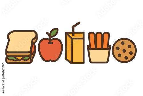 Row of common lunch and snack items including sandwich, apple, juice, fries, and cookie