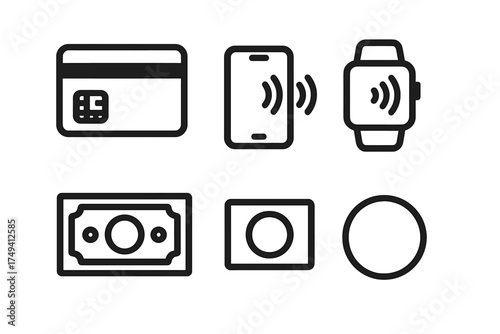 Digital and physical payment methods icon set with credit card mobile phone smartwatch and cash symbols