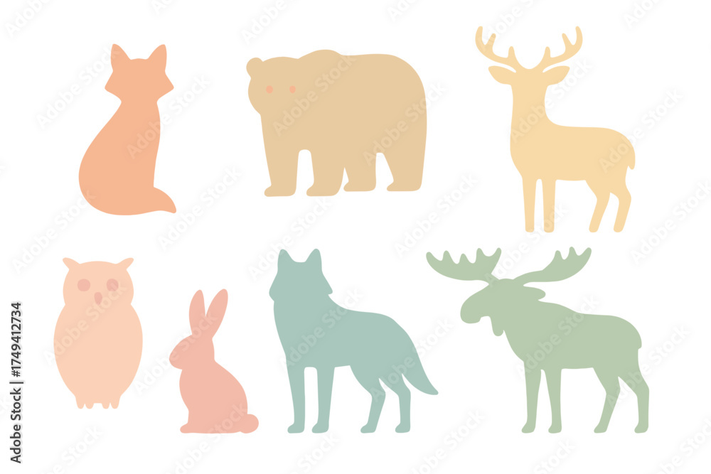 Obraz premium Minimalist North American forest animals set including bear, moose, deer, fox, wolf, rabbit, and owl