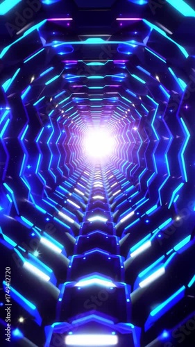 Abstract neon tunnel with glowing hexagonal shapes leading to a bright light at the end