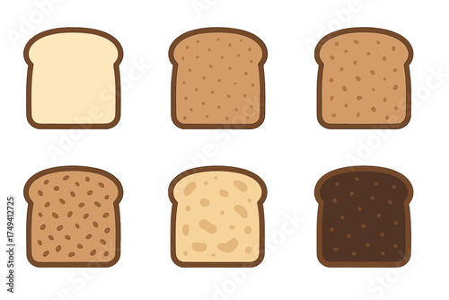 Assortment of six stylized bread slices including white, whole grain, and dark rye varieties