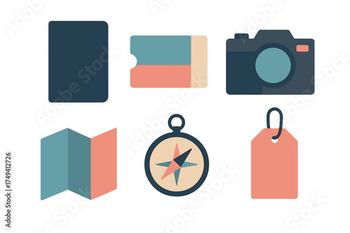 Essential travel icons set including camera, map, compass, ticket, and document tag