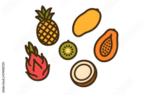 Vibrant collection of exotic tropical fruits including pineapple mango and kiwi