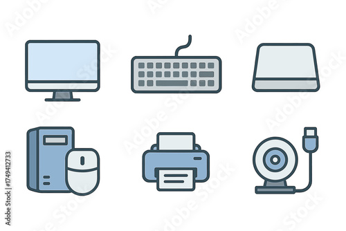 Monitor, keyboard, printer, and webcam set of outlined computer peripheral devices
