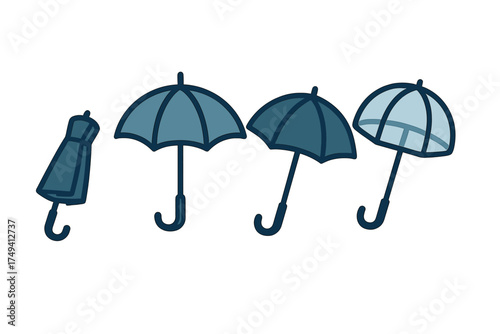 Four blue umbrellas showing stages of opening and closing for weather icons