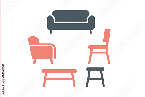 Minimalist modern furniture icons set featuring sofa armchair chair table and stool