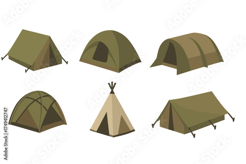 Six different isometric camping tents in earth tones representing various outdoor shelter styles