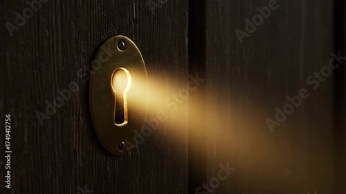Light streaming through keyhole in dark wooden door  