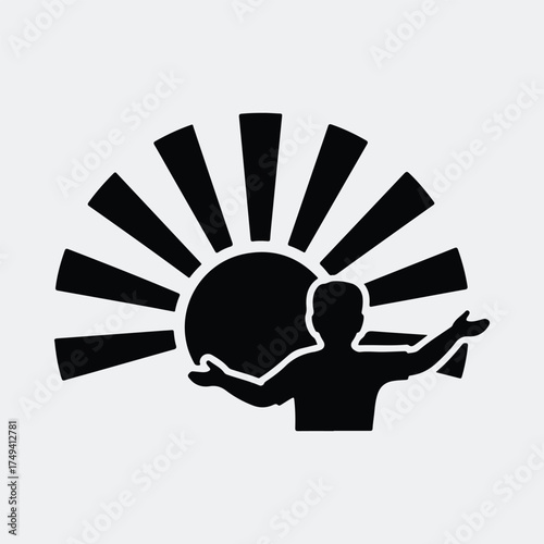 Silhouette person reaching for sun shining rays vector illustration