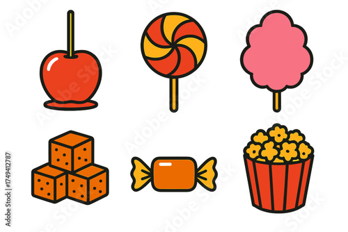 Assortment of classic fairground and carnival sweet treats including candy apple lollipop and popcorn