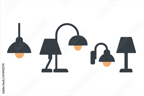 Set of various modern lighting fixtures including hanging, floor, desk, and wall lamps