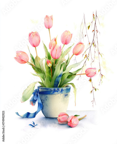 
Watercolor painting of pink tulips in a pot with a blue ribbon and willow branches, in pastel colors, on a white background.

