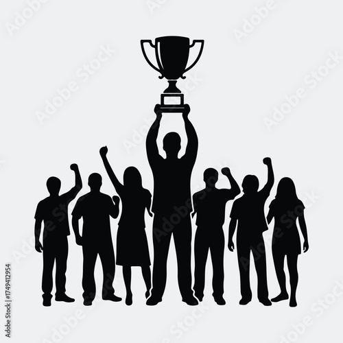 Silhouette team celebrating victory holding trophy above heads vector illustration
