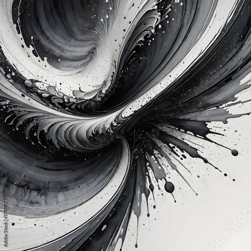 Dynamic Abstract Art Movement, Black and White Swirls, Contemporary Gallery Setting, Digital Illustration, Modern Aesthetic, Unique Perspective