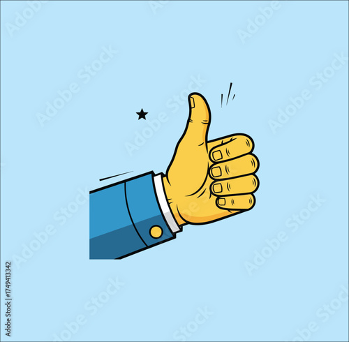 Art & Illustration
Vector illustration of a yellow hand giving thumbs up gesture on blue background in pop art style.