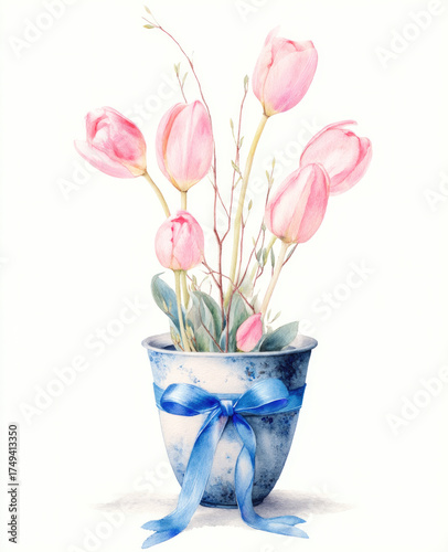 
Watercolor painting of cozy, elegant pink tulips in a pot with a blue ribbon, willow branches, and leaves. Soft pastel colors of springtime on a white background.