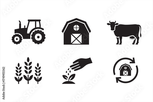 Sustainable farming icons with planting, cow, and harvest symbols for green branding