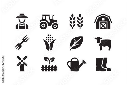 Farm equipment and animal silhouettes for green agriculture and rural business use