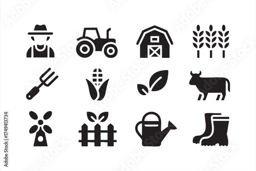 Tractor, farmer, and barn symbols for sustainable agriculture and natural food design