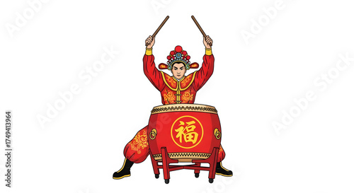 Traditional drum performance isolated on white