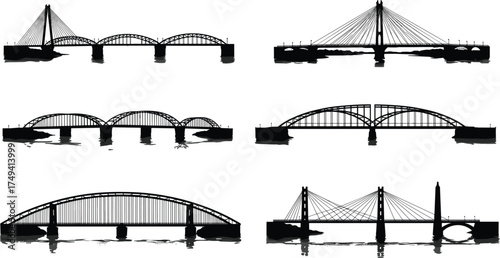 Bridge silhouettes, black and white, architectural design, civil engineering, water reflection, cable-stayed bridge, arch bridge, truss bridge, infrastructure, symmetry