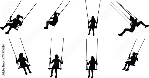 Children swinging silhouette, playful motion, outdoor fun, swing poses, childhood joy, black figures, rope swing, energetic kids, white background