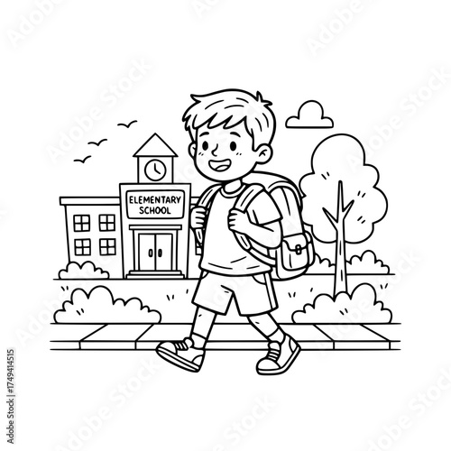 Boy walking to school outline illustration
