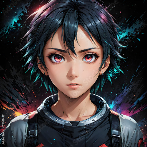 Futuristic Anime Warrior with Short Dark Hair and Intense Red Eyes in Vibrant Cosmic Background
