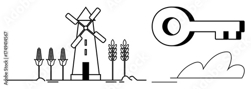Windmill amid corn and wheat stalks with a large key and small clouds. Ideal for farming, solutions, sustainability, productivity, rural development, innovation, minimalism. Simple flat metaphor