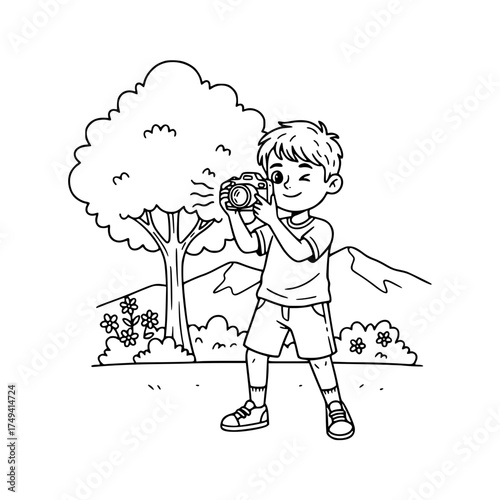 Boy taking photo outdoor hobby outline illustration
