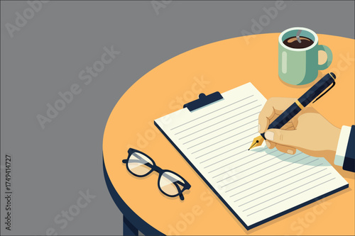 Art & Illustration
Vector illustration of a hand writing on paper with pen, coffee cup, and glasses on desk.