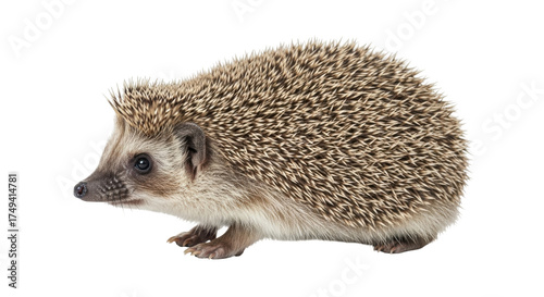 Isolated spiny European hedgehog facing left; a small mammal in horizontal composition