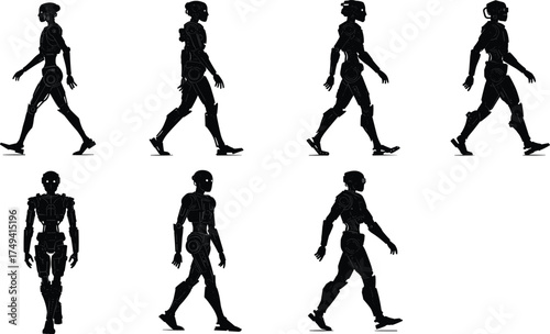 Humanoid robot walking cycle silhouette, mechanical joints, futuristic motion, AI robotics animation frame, biomechanics study, side and front view