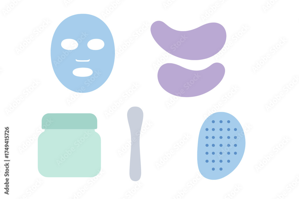 Fototapeta premium Skincare routine set with sheet mask, eye patches, cream jar, and beauty tools